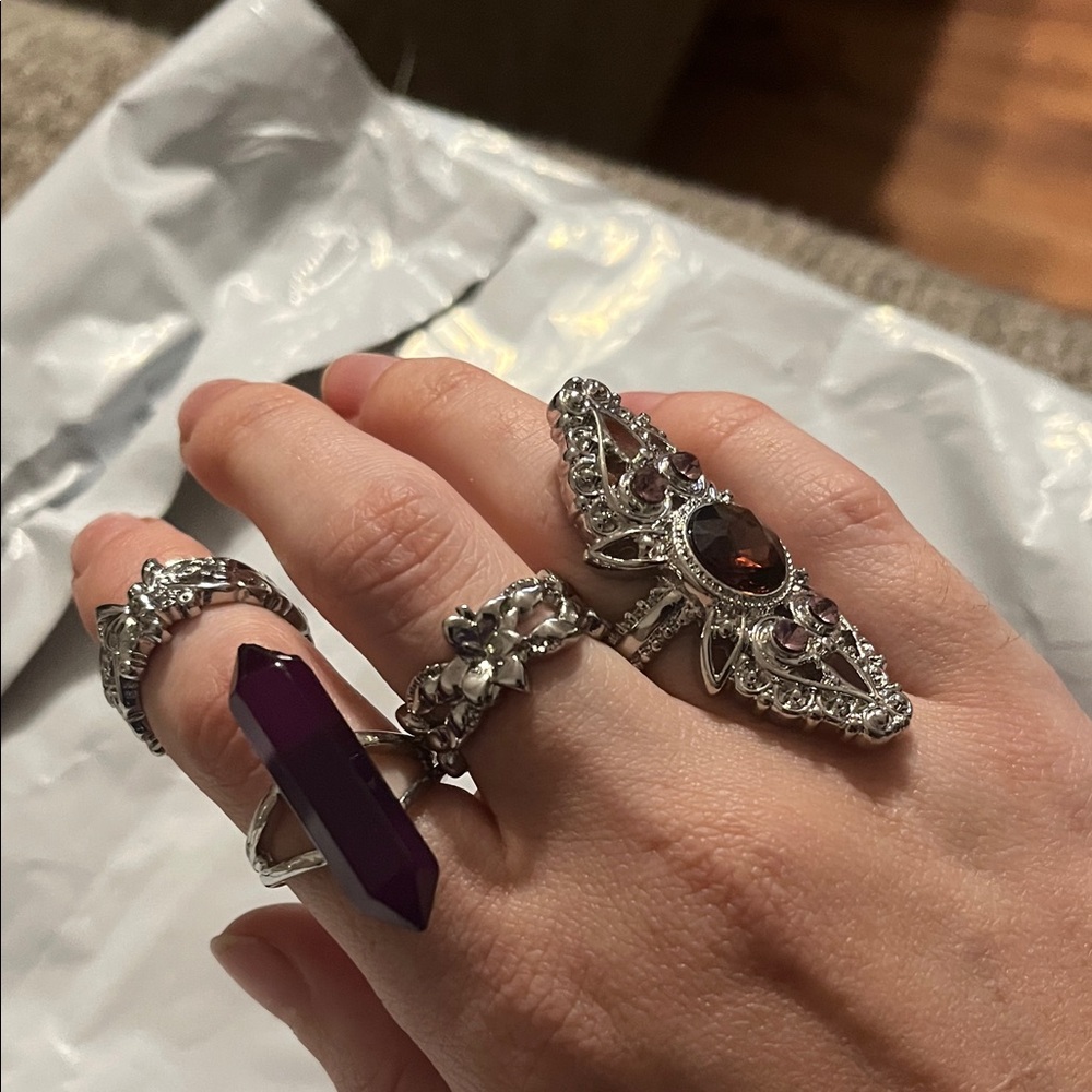 Elegant Silver and Purple Gemstone Ring Set